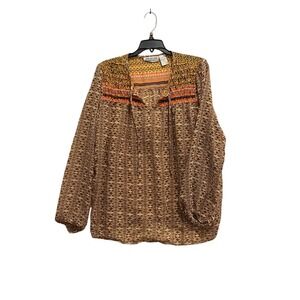 New‎ Direction Women's Boho Print Long Sleeve Tunic Top Blouse Orange Brown L